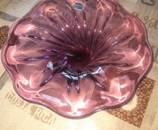 Beautiful Vintage Large Bohemia Crystal Bowl, Pink Purple toned glass with a Ruffled Wavy Bowl Postage Available or Collection