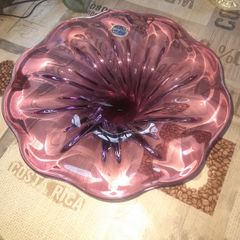 Beautiful Vintage Large Bohemia Crystal Bowl, Pink Purple toned glass with a Ruffled Wavy Bowl Postage Available or Collection