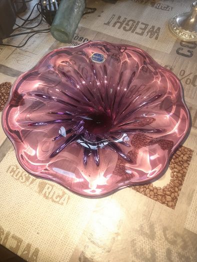 Beautiful Vintage Large Bohemia Crystal Bowl, Pink Purple toned glass with a Ruffled Wavy Bowl Postage Available or Collection