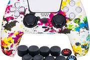 Water Transfer Printing Silicone Thickened Cover Skin Case for Sony PS5 Dualsense Controller x 1(Graffiti) with Thumb Grips x 10