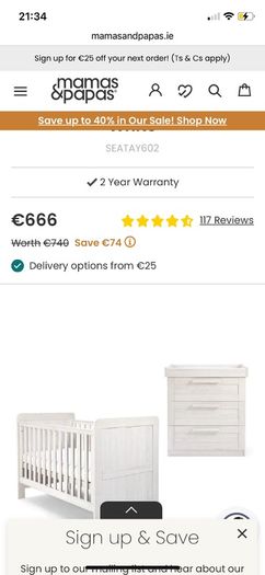 Mamas and Papas cot bed, mattress and drawers