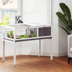 Wooden Turtle House with Mesh Roof, Removable Tray and Lamp Holder 104x53x82 cm Gray and White