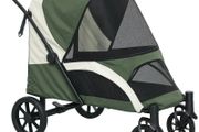 Foldable Pet Stroller for Large Dogs with Four Big Wheels, Shock-Absorbing Frame, Safety Leashes, Brakes, Dark Green