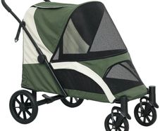 Foldable Pet Stroller for Large Dogs with Four Big Wheels, Shock-Absorbing Frame, Safety Leashes, Brakes, Dark Green