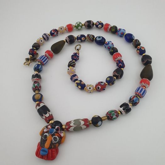 Antique Venetian Style Mix Glass & Old Face Glass Pendant Necklace