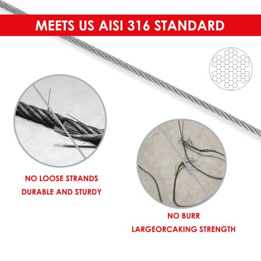 Stainless Steel Cable T316 1/8" 100m,Aircraft Deck Railing,7x7 Strands Construction,Rustproof break strength 650kg,Cutter Cable