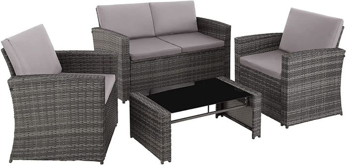 polyrattan seating group for 4 people, 12 pieces, garden furniture set with sofa, armchair and table, including seat and back cushions, for garden, terrace and balcony (grey)