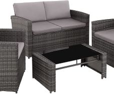 polyrattan seating group for 4 people, 12 pieces, garden furniture set with sofa, armchair and table, including seat and back cushions, for garden, terrace and balcony (grey)