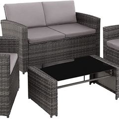 polyrattan seating group for 4 people, 12 pieces, garden furniture set with sofa, armchair and table, including seat and back cushions, for garden, terrace and balcony (grey)
