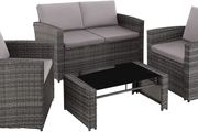 polyrattan seating group for 4 people, 12 pieces, garden furniture set with sofa, armchair and table, including seat and back cushions, for garden, terrace and balcony (grey)