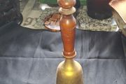 Vintage Brass School Bell with a turned wooden handle and a ring shaped top