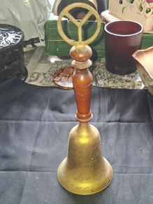 Vintage Brass School Bell with a turned wooden handle and a ring shaped top