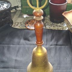Vintage Brass School Bell with a turned wooden handle and a ring shaped top