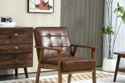 Living Room Armchair, Bedroom Armchair in Synthetic Leather, Button-Tufted Back, Solid Wood Legs, 64x66x80cm, Brown