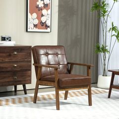 Living Room Armchair, Bedroom Armchair in Synthetic Leather, Button-Tufted Back, Solid Wood Legs, 64x66x80cm, Brown