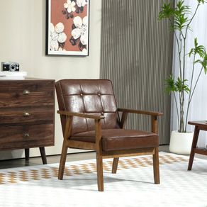 Living Room Armchair, Bedroom Armchair in Synthetic Leather, Button-Tufted Back, Solid Wood Legs, 64x66x80cm, Brown