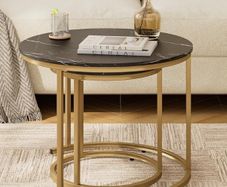 Set of 2 End Table, Nesting Tables with Gold Metal Frame Legs and Marble Black Top for Living Room, Bedroom, Office, Balcony, Apartment Black and Gold