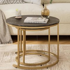 Set of 2 End Table, Nesting Tables with Gold Metal Frame Legs and Marble Black Top for Living Room, Bedroom, Office, Balcony, Apartment Black and Gold