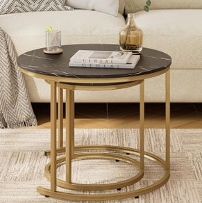 Set of 2 End Table, Nesting Tables with Gold Metal Frame Legs and Marble Black Top for Living Room, Bedroom, Office, Balcony, Apartment Black and Gold