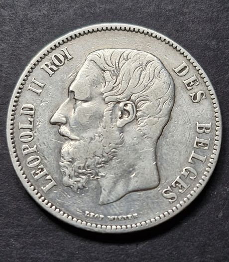 1870 Belgium 5 Francs - Leopold II small head Silver coin