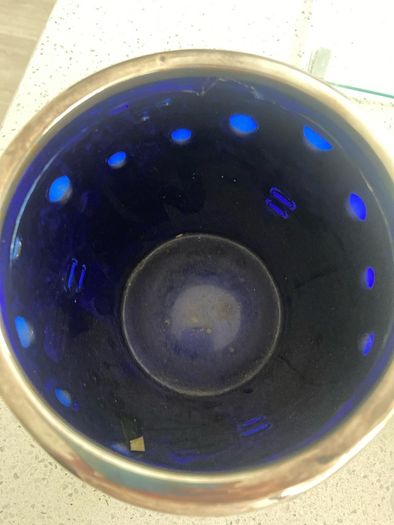 Vintage heavy silvered brass Art Deco Cobalt Glass Planter