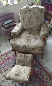 Vintage Louis XV style Chair and rocking footstool beautiful upholstery and wood carved base