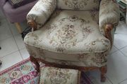Vintage Louis XV style Chair and rocking footstool beautiful upholstery and wood carved base