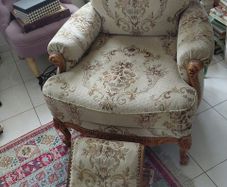 Vintage Louis XV style Chair and rocking footstool beautiful upholstery and wood carved base