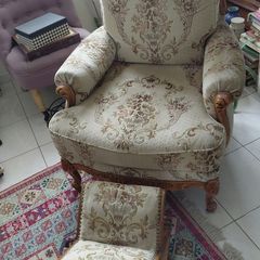 Vintage Louis XV style Chair and rocking footstool beautiful upholstery and wood carved base