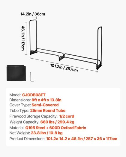 2.4m Firewood Rack with Waterproof Cover