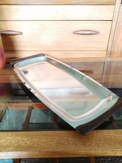Vintage DKF Lundtofte Danish Stainless Steel Serving Dish Teak Handles