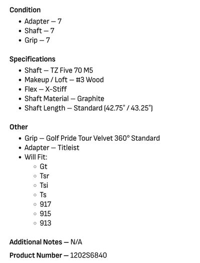 Accra TZ Five 70 M5 X-Stiff Fairway Shaft / Titleist