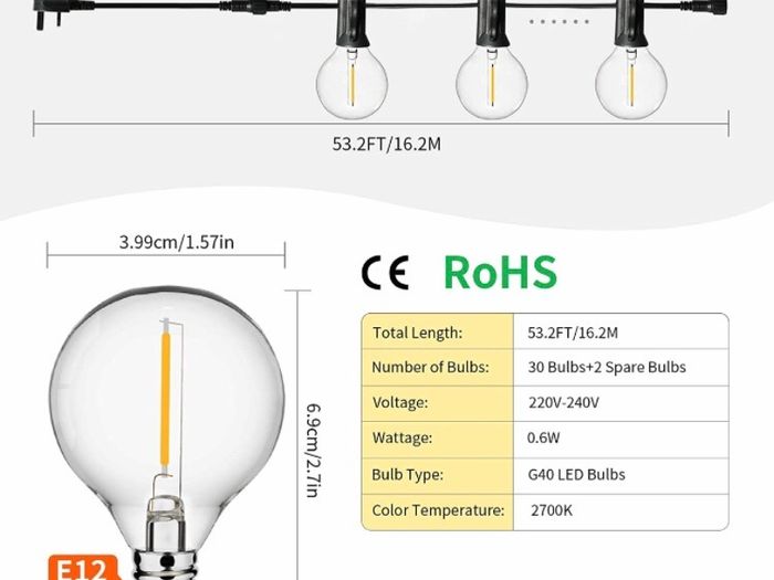 53.2FT Festoon Lights Outdoor, IP44 Garden Lights Mains Powered with 30+2 Plastic Bulbs(2 Spare)