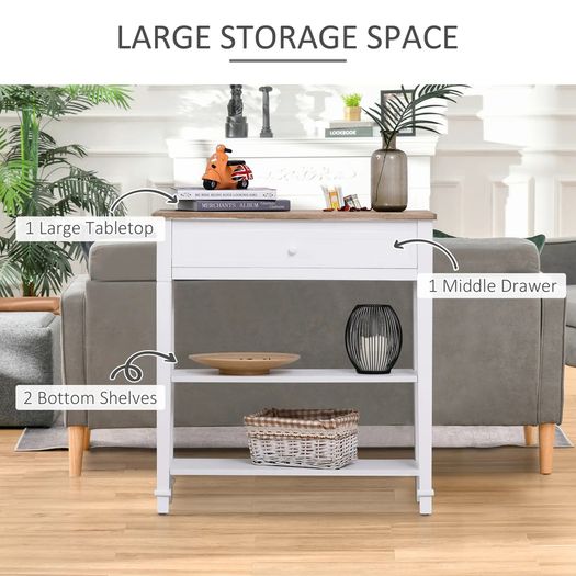 Console Table, 3-tier Hallway Table with Drawer and 2 Open Shelves, Retro Entry Table for Shoe Storage, White