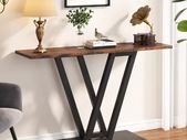 Rustic Brown Console Table with Curved Metal Base  Modern Industrial Entryway