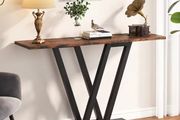 Rustic Brown Console Table with Curved Metal Base  Modern Industrial Entryway