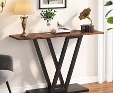Rustic Brown Console Table with Curved Metal Base  Modern Industrial Entryway