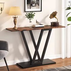 Rustic Brown Console Table with Curved Metal Base  Modern Industrial Entryway