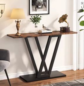 Rustic Brown Console Table with Curved Metal Base  Modern Industrial Entryway