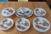 Fabulous Vintage Mid Century Brown 29 Piece Dinner Service With Hand-Painted Multicoloured Elements by Johnson Bros in the Popular and Collectable The Old Mill Pattern, Circa 1952-77
