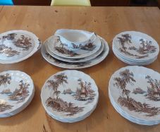 Fabulous Vintage Mid Century Brown 29 Piece Dinner Service With Hand-Painted Multicoloured Elements by Johnson Bros in the Popular and Collectable The Old Mill Pattern, Circa 1952-77