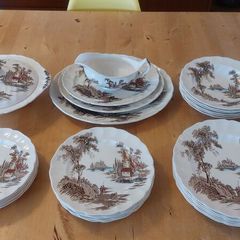 Fabulous Vintage Mid Century Brown 29 Piece Dinner Service With Hand-Painted Multicoloured Elements by Johnson Bros in the Popular and Collectable The Old Mill Pattern, Circa 1952-77