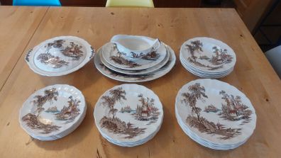 Fabulous Vintage Mid Century Brown 29 Piece Dinner Service With Hand-Painted Multicoloured Elements by Johnson Bros in the Popular and Collectable The Old Mill Pattern, Circa 1952-77