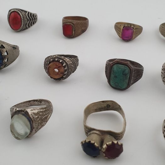 Antique Ring Lot 15 Mixed Brass, Stone & Glass Rings