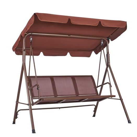 3-Seat Patio Swing Chair, Outdoor Patio Swing with Adjustable Canopy, Porch Swing with Armrests, Teslin Fabric and Alloy Steel Frame, for Balcony, Backyard, Patio, Garden, Poolside, Brown