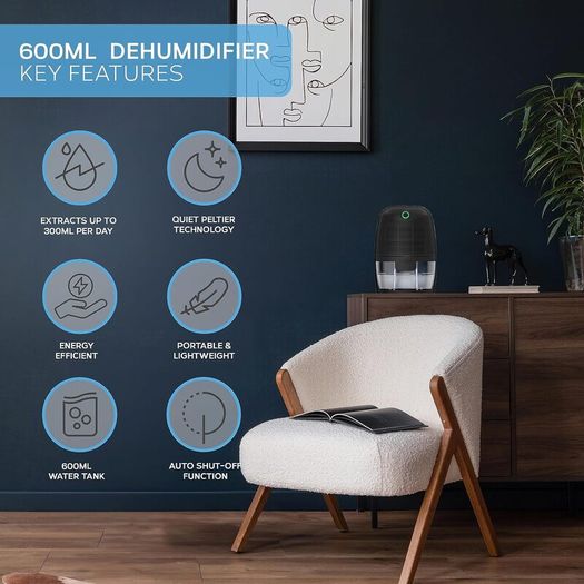 Dehumidifier 600ml, Small and Compact Moisture Absorber - Mini Air Dehumidifier for Home, Bedroom Damp, Office, Garage & Basement - Portable Electric Mould, Damp and Condensation Remover