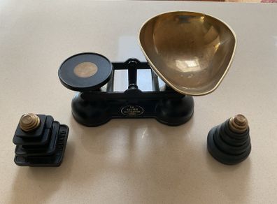 Vintage 'Salter' cast iron kitchen scales with both Imperial and Metric weights