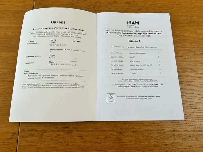 RIAM piano music for 2026 exams grade 1