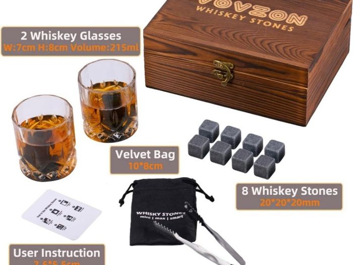 Whiskey Stones and Glasses Gift Set for Men 8 Whisky Scotch Bourbon Chilling Stones, 2 Whiskey Glasses in Wooden Box  Father's Day/Christmas/Birthday Gift/Present for Father Dad Boyfriend (FREE POSTAGE)