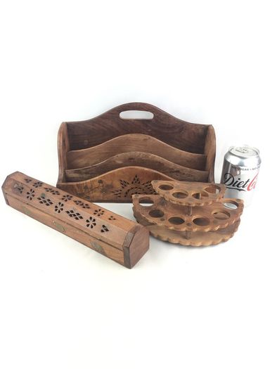 Wooden letter rack, incense burner and pen stand